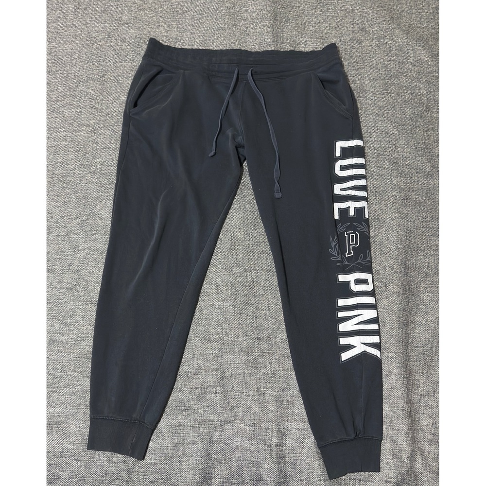 Pink Victoria's Secret Womens Large Joggers Black Graphic Logo Sweatpants